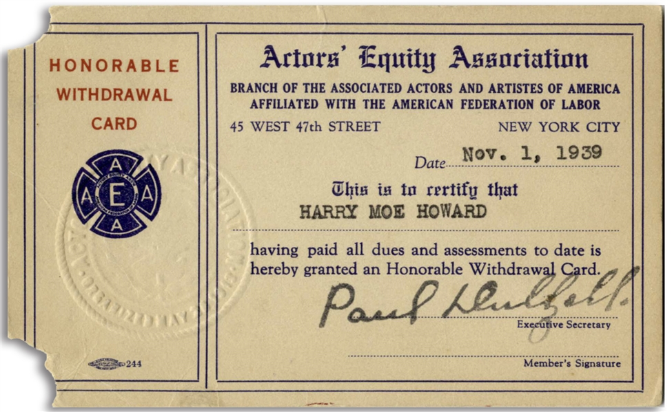 Moe Howard's Actors' Equity Card, With Name of ''Harry Moe Howard'', From 1939 -- Measures 5.5'' x 3.5'' -- Chipped Corners on Left Side, Else Very Good